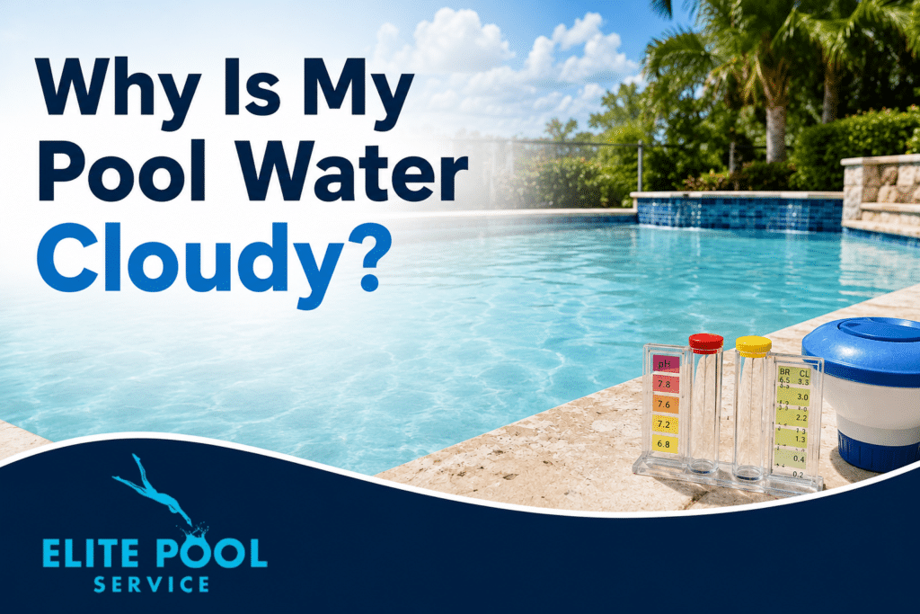 Clear backyard swimming pool with a pool water testing kit and floating chemical dispenser, illustrating causes of cloudy pool water beyond chemical balance.