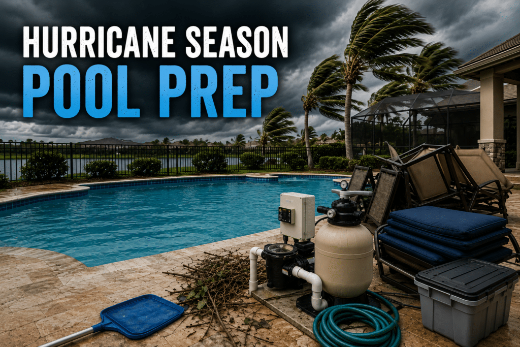 Backyard swimming pool under dark storm clouds with secured patio furniture and pool equipment illustrating hurricane season pool preparation in Florida.