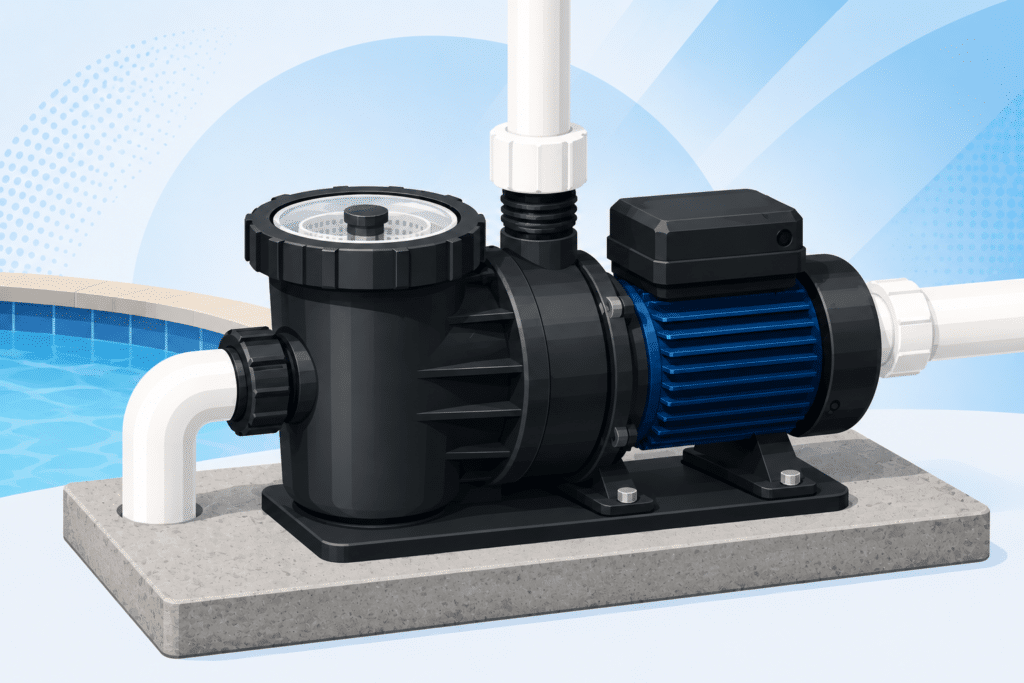 Illustration of a black and blue swimming pool pump next to an outdoor pool.
