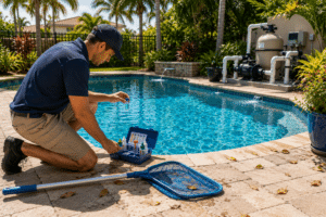 Technician performing routine weekly pool service beside a residential swimming pool in Florida.