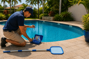 Technician performing routine weekly pool service beside a residential swimming pool in Florida.