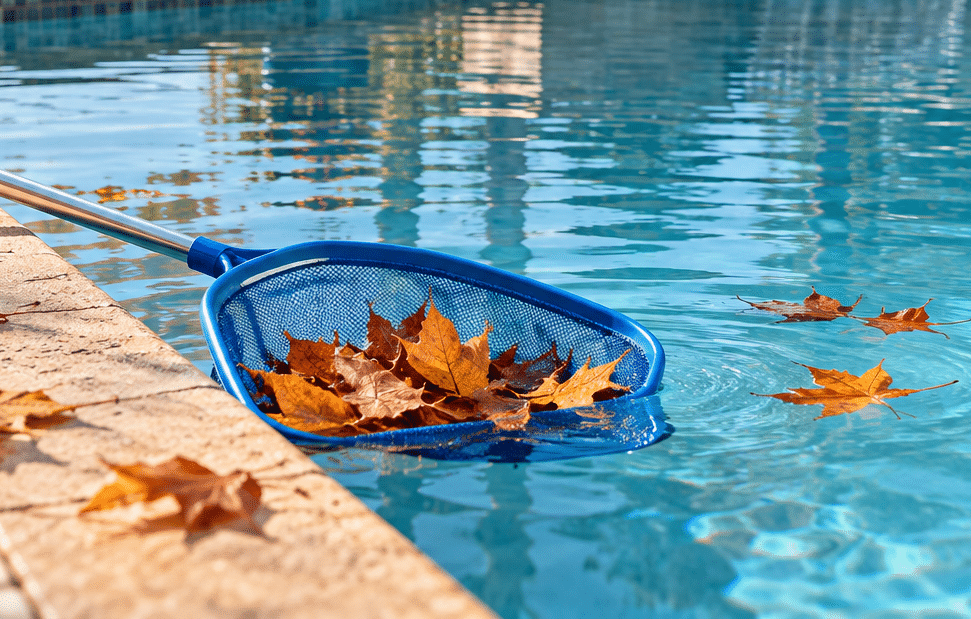 A blue pool skimmer net gathering fallen orange autumn leaves from clear swimming pool water.
