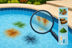 Magnifying glass inspecting stains on a swimming pool wall near icons representing leaves, metal, algae, and chemical imbalances.