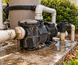 A weathered, leaking pool pump and sand filter system set on a wet concrete pad near garden shrubs.
